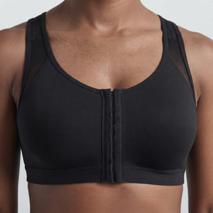 Brassière femme noir de maintien avec fermeture à l'avant et empiècements en mesh