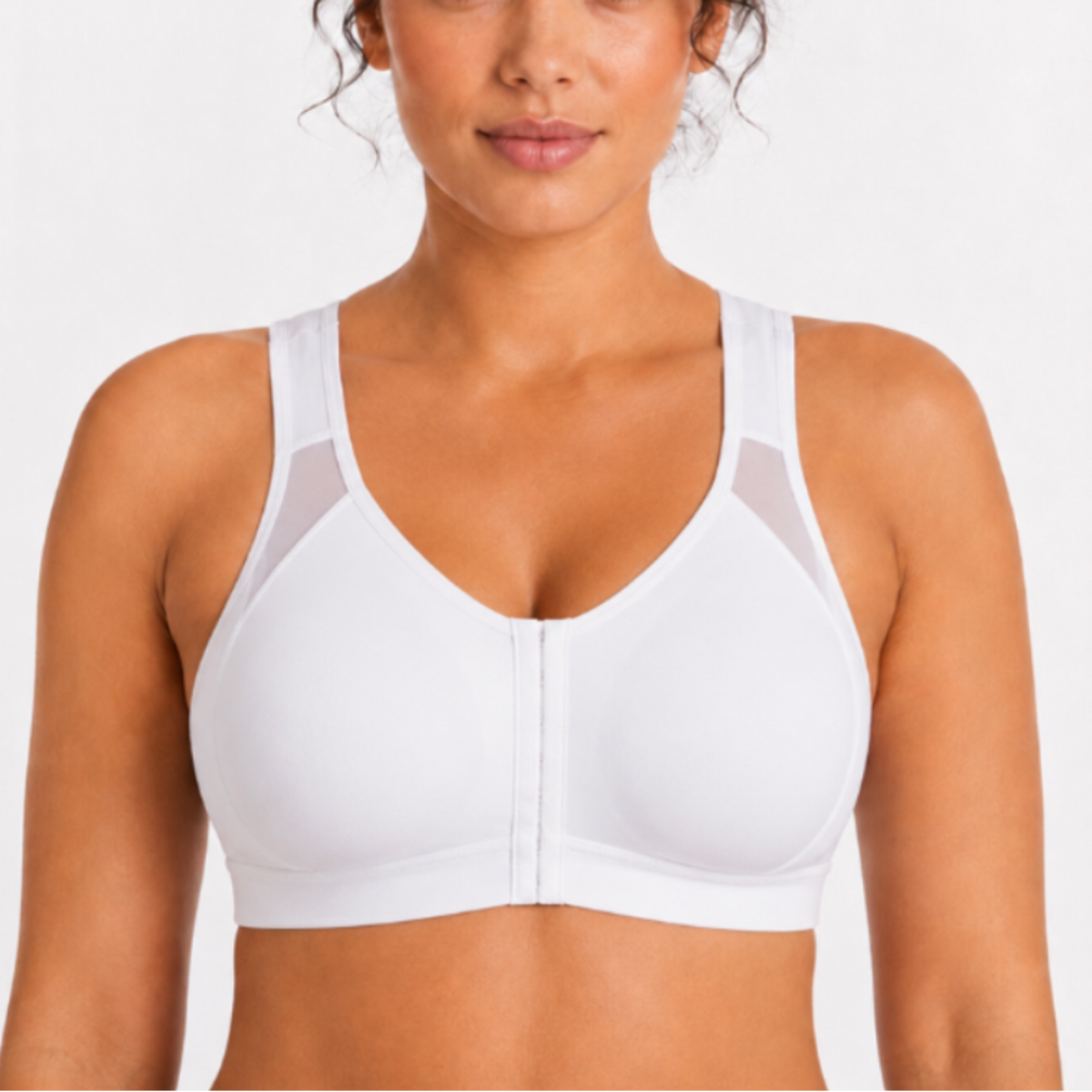 Brassière femme blanche de maintien avec fermeture à l'avant et bretelles larges