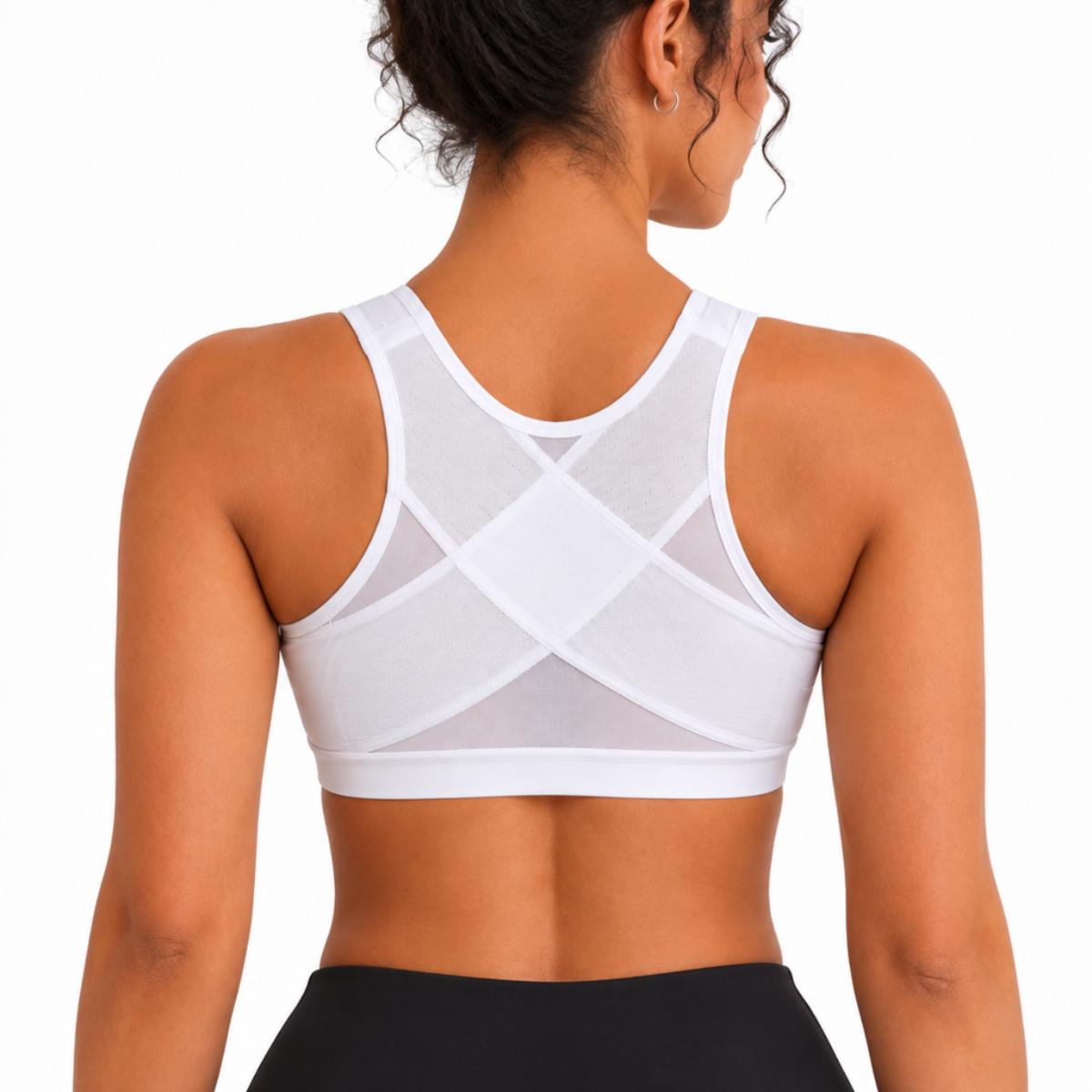 Brassière femme blanche de maintien avec dos croisé et empiècements en mesh